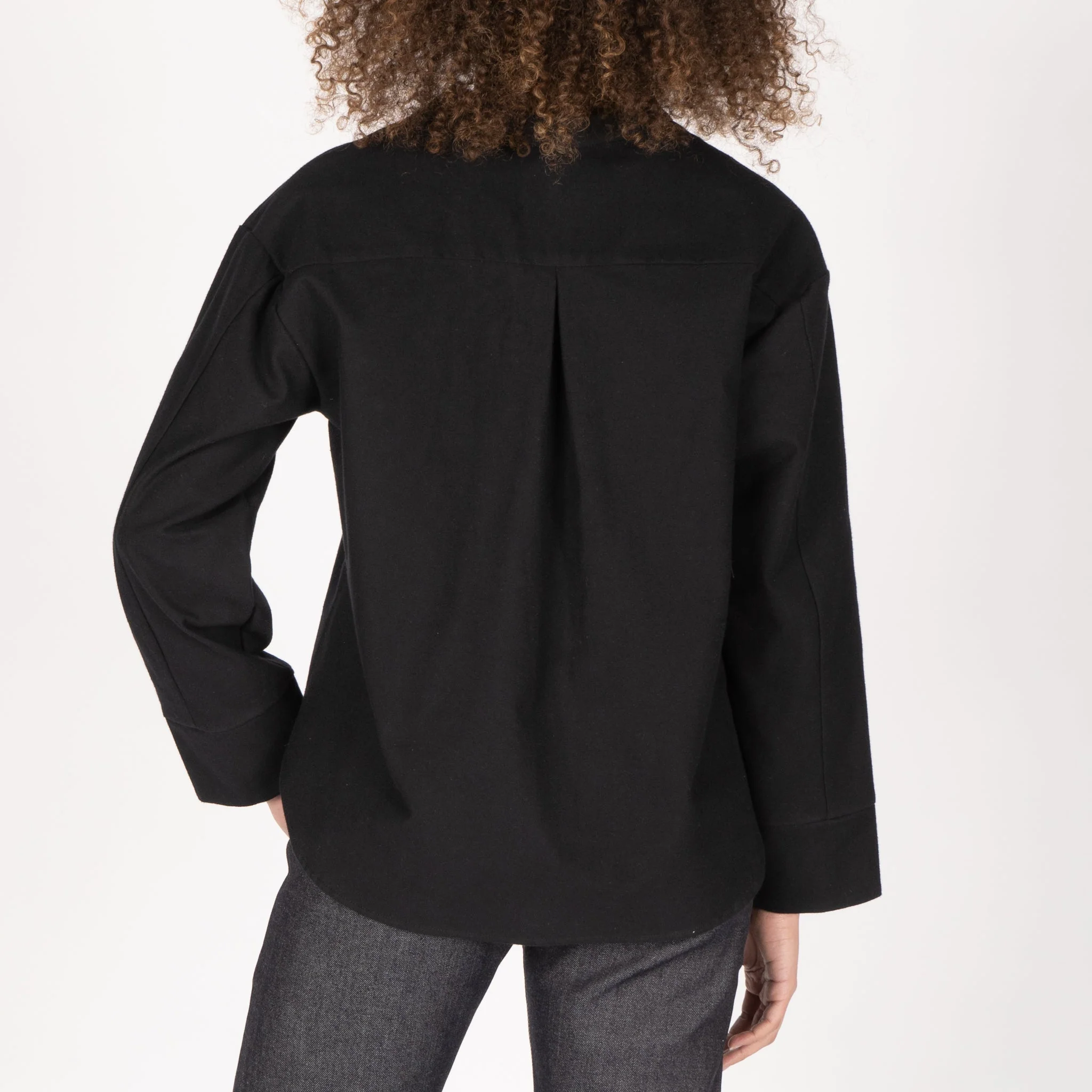 Band Collar Shirt - Cotton Yarn Dyed Flannel - Black - Image 3