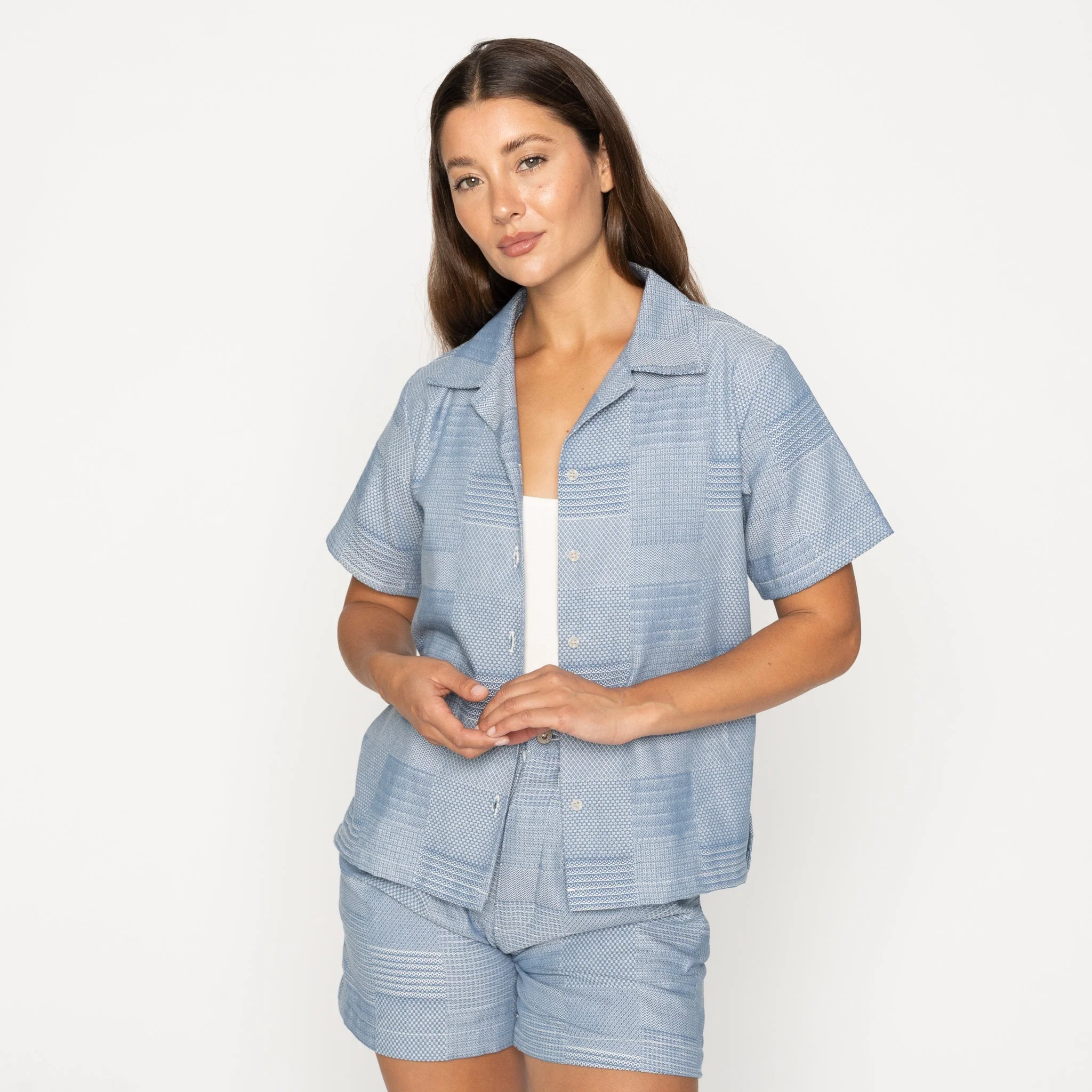Camp Collar Shirt - Dobby Patchwork - Pale Blue - Image 2
