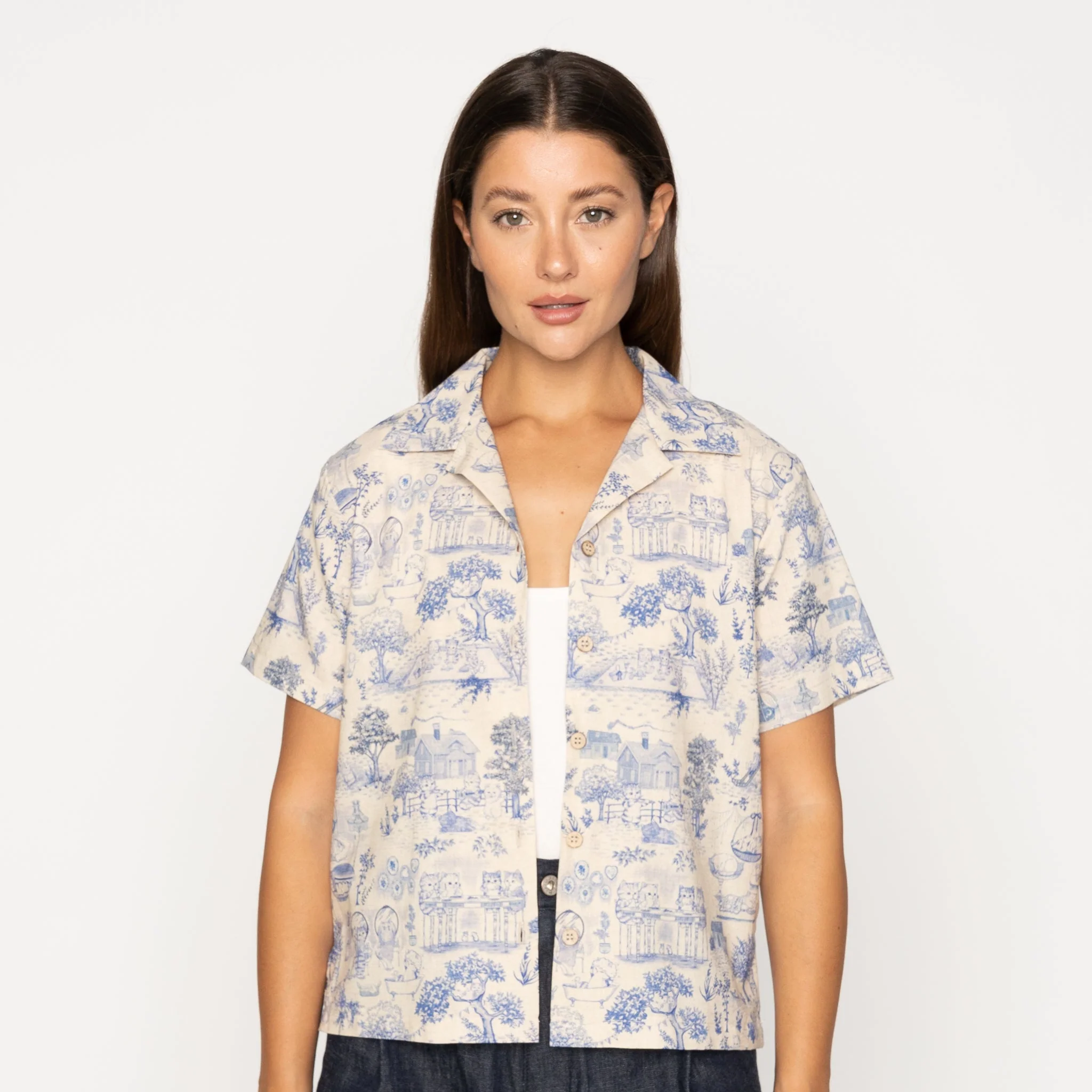 Camp Collar Shirt - Linen Cats - Blue - Image 2