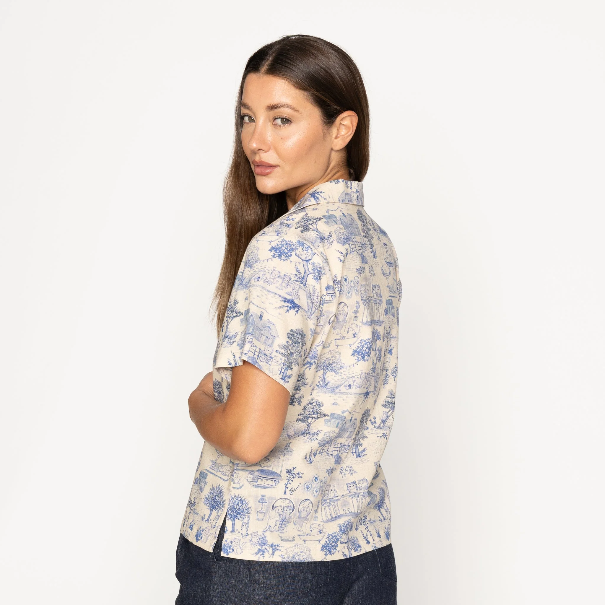 Camp Collar Shirt - Linen Cats - Blue - Image 3