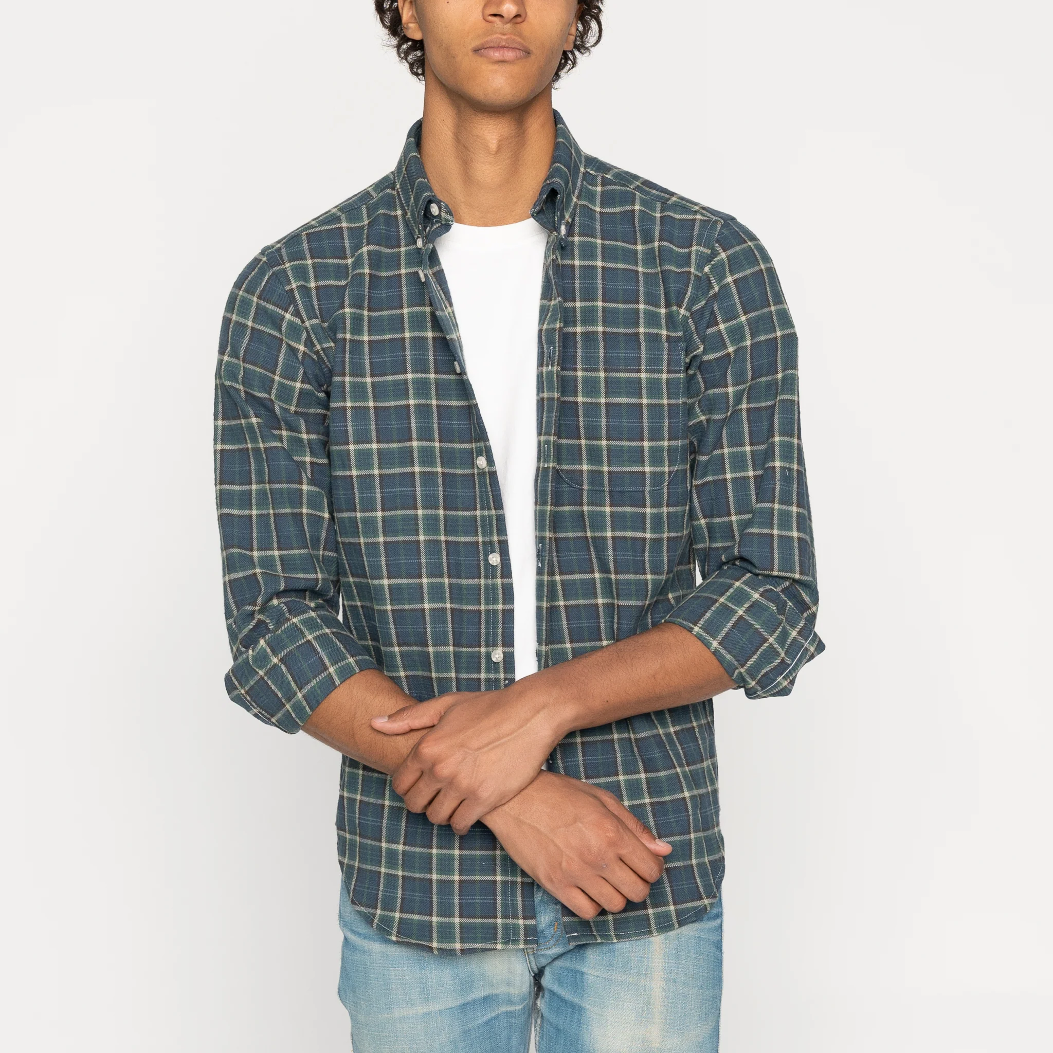 Easy Shirt - Big Slub Check Flannel - Navy + Green - Image 2