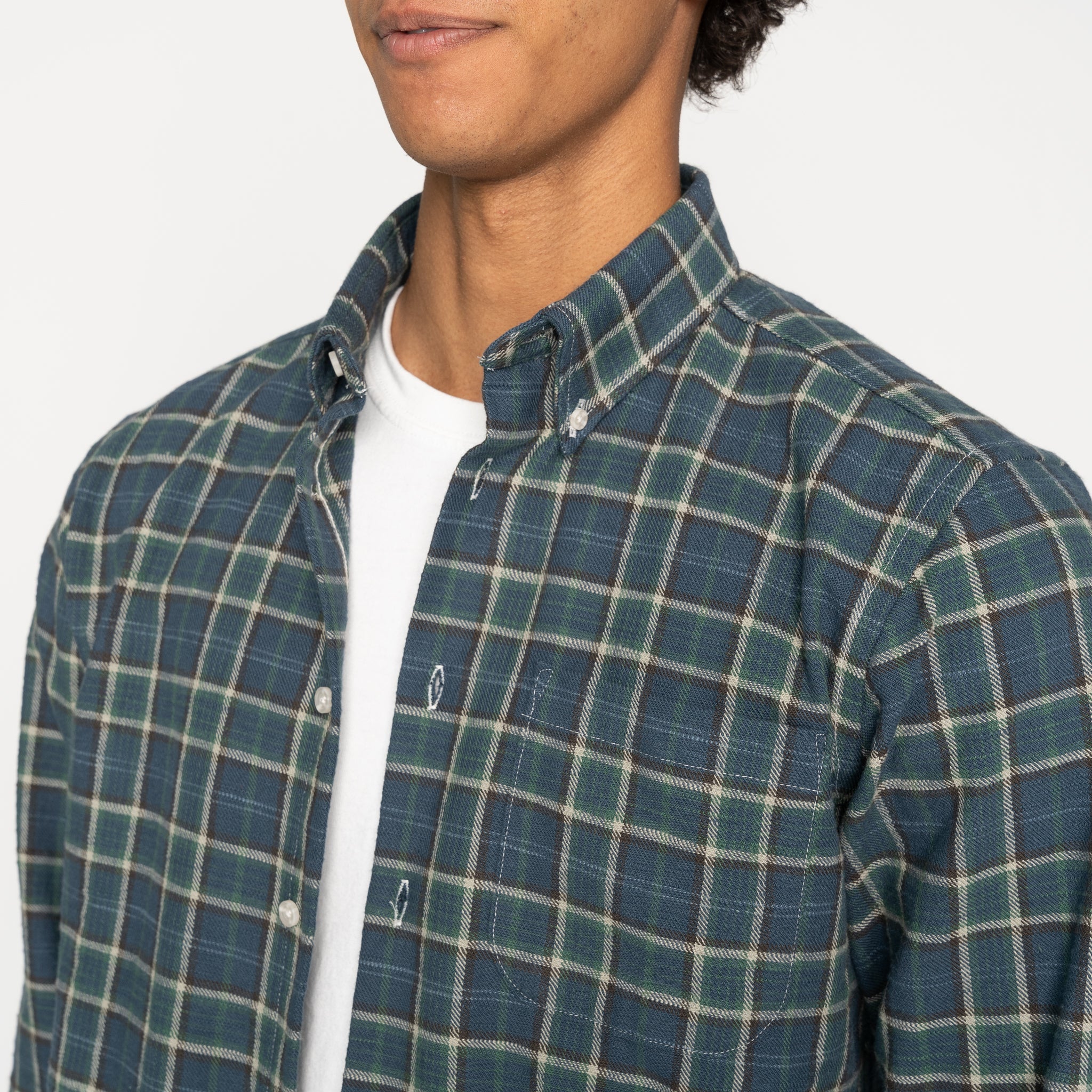Easy Shirt - Big Slub Check Flannel - Navy + Green - Image 4