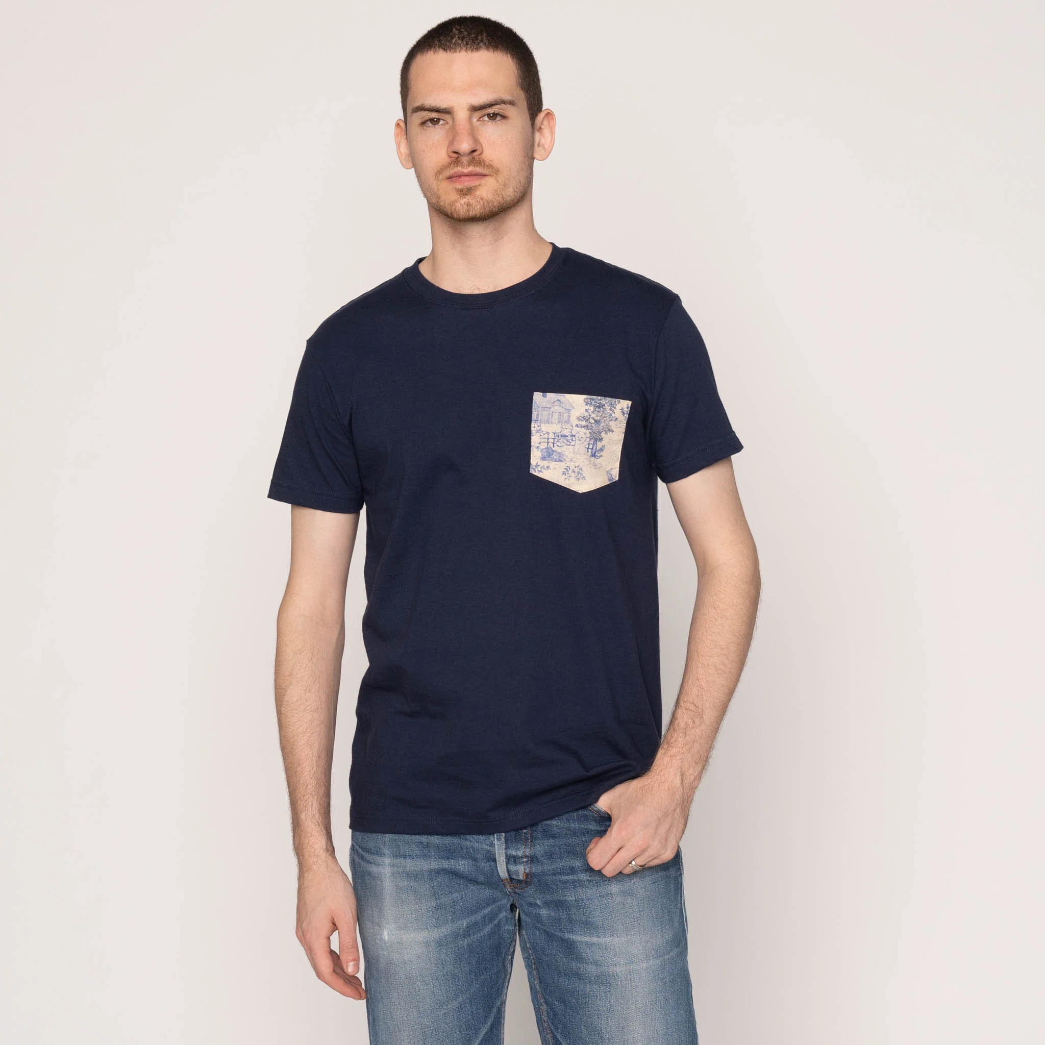 Pocket Tee - Navy - Linen Cats - Blue - Image 3