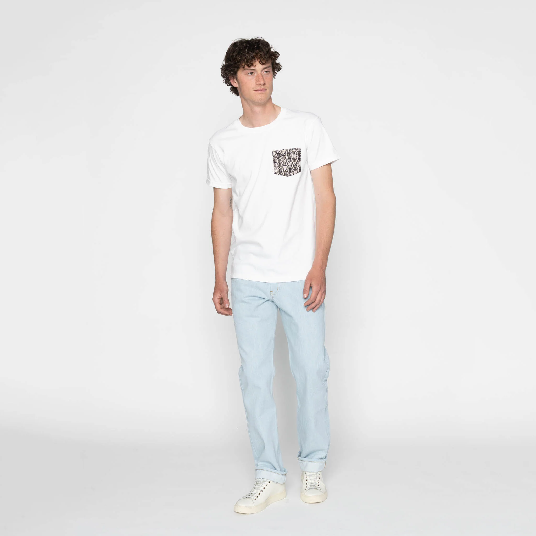 Pocket Tee - White + Seigaiha Waves - Indigo - Image 5