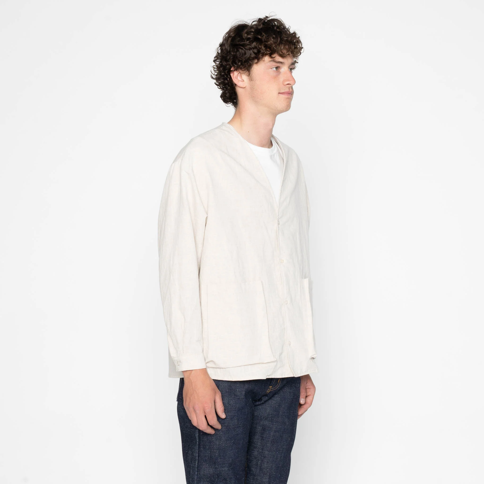 Wise Guy Jacket- Linen Blend Denim - Ecru - Image 3